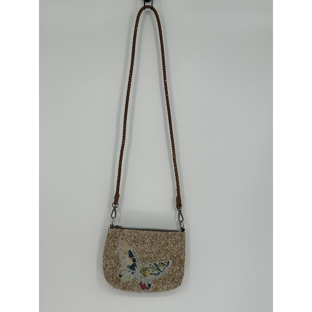 Sakroots Woven Straw Butterfly Crossbody Bag Beige Brown Braided Strap‎ Boho A9